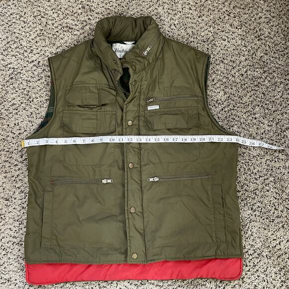 Vtg Windbreaker Army Green Flannel Lined Hunting Field Vest Packable Hood 80s L - Picture 9 of 10